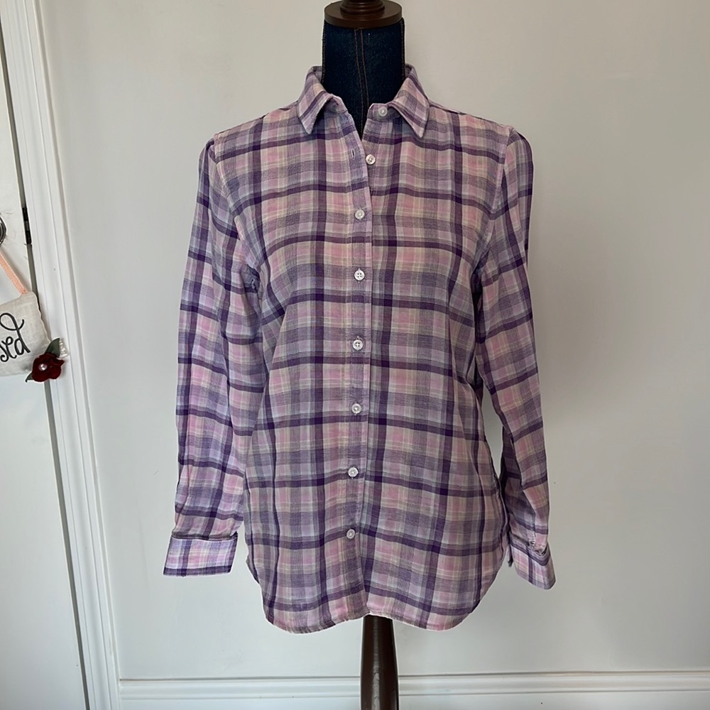 Lands end size 8 womens purple plaid button down shirt